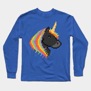 Pixel Black Unicorn with Rainbow Mane Long Sleeve T-Shirt